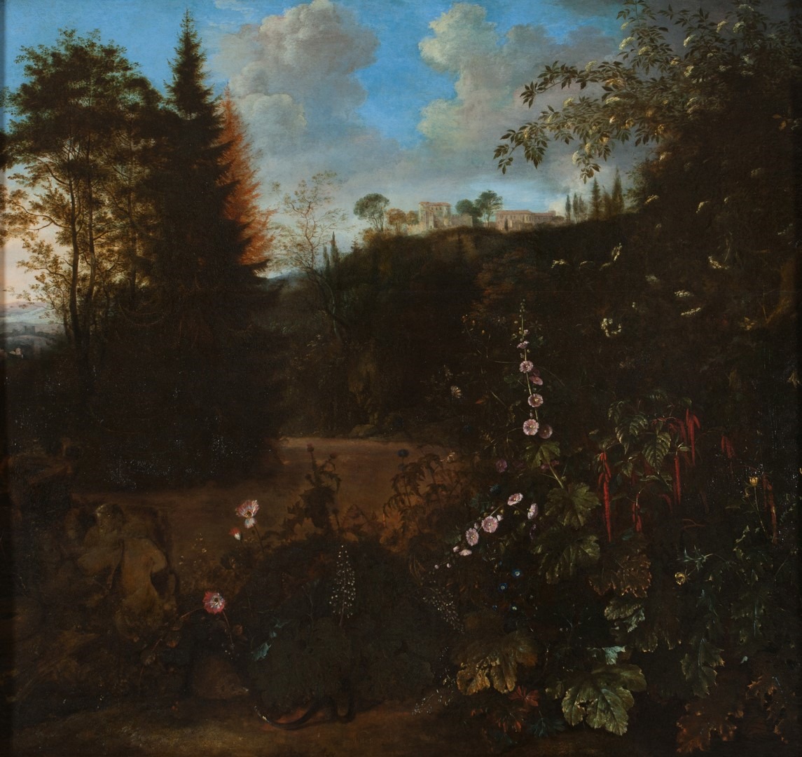 Paysage italianisant et fleurs, Matthias Withoos, 1670-1690