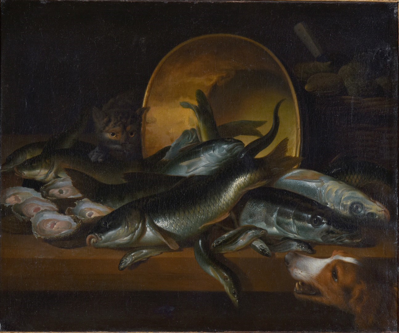 Poissons morts, coquillages, chat, chien et chaudron sur une table ; Un chat et un chien regardant des poissons placés sur une table de cuisine, Pieter Van Boucle, 1650-1660