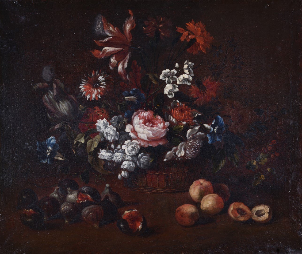 Corbeille de fleurs avec des figues et des abricots, Jean-Baptiste Monnoyer, 17e siècle