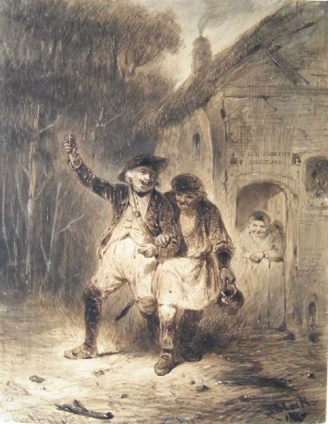 Tavernier raccompagnant un homme ivre, Eugène François de Block, 1839