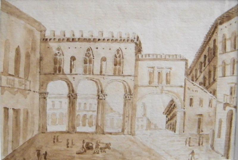 Vue d'une place à travers les arcades d'une galerie, Auguste Constantin, 1808