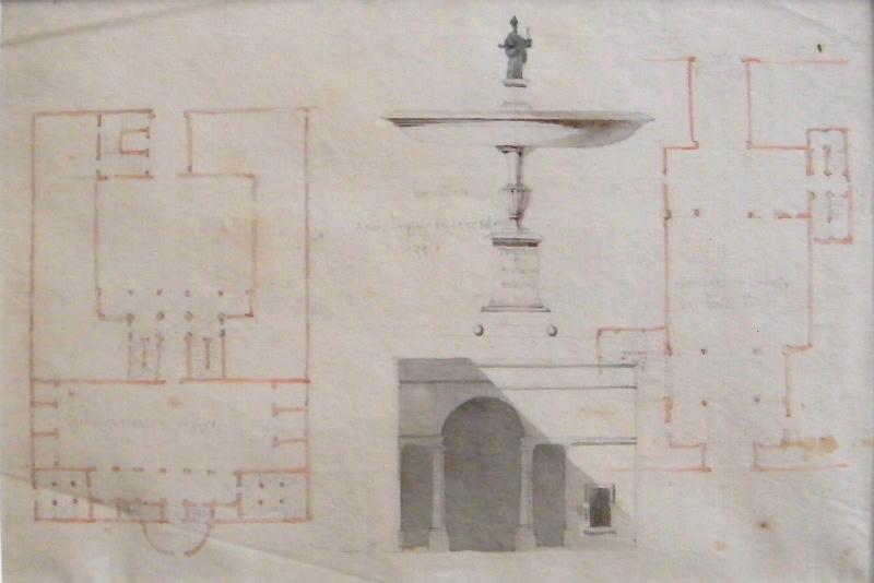 Quatre études à Reggio : Plan du petit palais, Plan de la maison du comte Cerini, Baie palandienne, Bénitier, Auguste Constantin, 1808