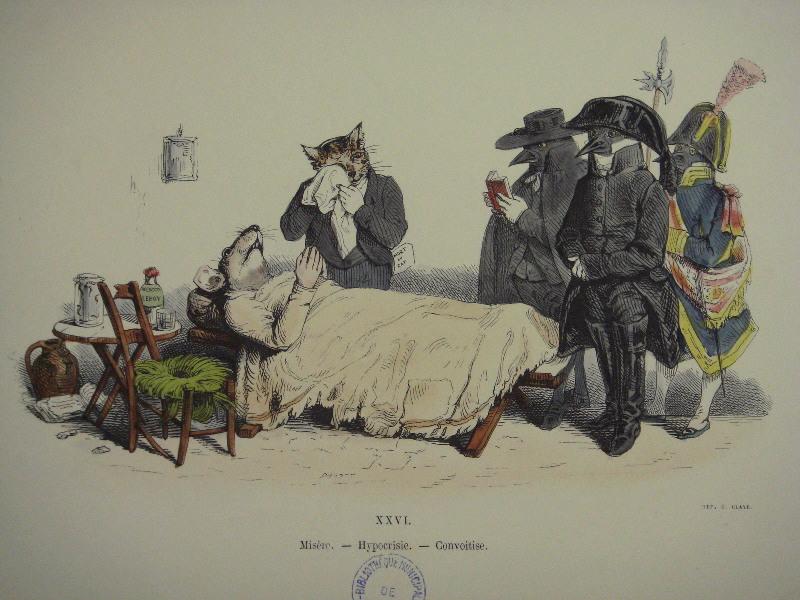 Les métamorphoses du jour (planche 26) : Misère. - Hypocrisie. - Convoitise., Grandville, 19e siècle
