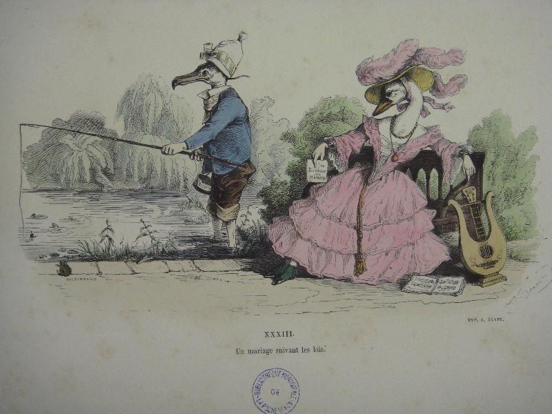 Les métamorphoses du jour (planche 33) : Un mariage suivant les lois, Grandville, 19e siècle