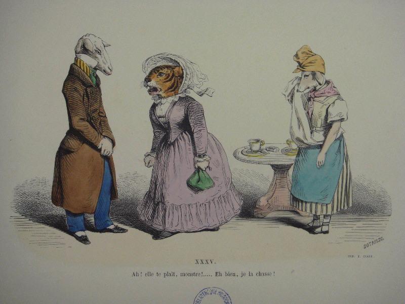 Les métamorphoses du jour (planche 35) : Ah! elle te plaît, monstre! ..., Grandville, 19e siècle