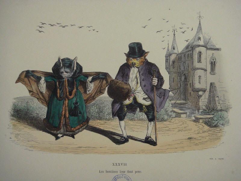 Les métamorphoses du jour (planche 37) : Les lumières leur font peur, Grandville, 19e siècle
