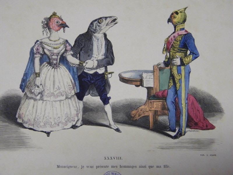 Les métamorphoses du jour (planche 38) : Monseigneur, je vous présente mes hommages ainsi que ma fille, Grandville, 19e siècle