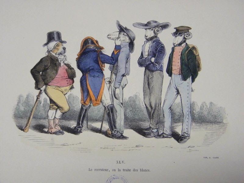 Les métamorphoses du jour (planche 45) : Le recruteur, ou la traite des blancs, Grandville, 19e siècle