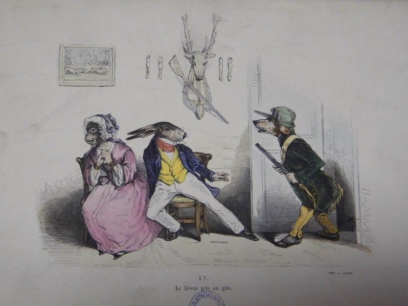 Les métamorphoses du jour (planche 55) : Le lièvre pris au gîte, Grandville, 19e siècle