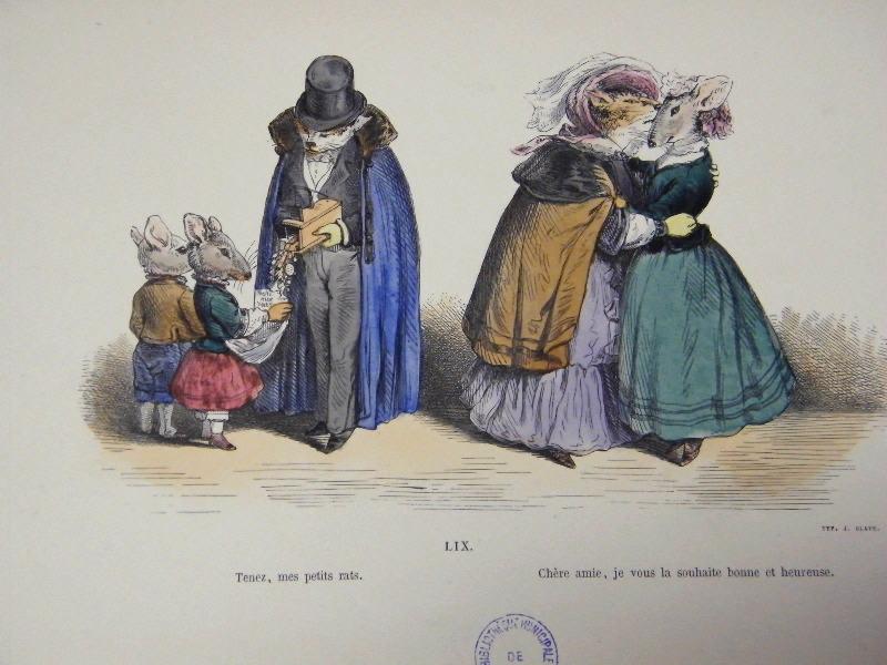 Les métamorphoses du jour (planche 59) : Tenez, mes petits rats. Chère amie, je vous la souhaite bonne et heureuse, Grandville, 19e siècle