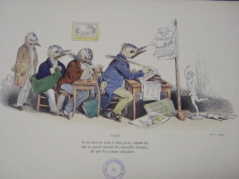 Les métamorphoses du jour (planche 62) : Il est assez de geais à deux pieds, comme lui. Qui se parent souvent des dépouilles d'autrui, Et que l'on nomme plagiaires_0