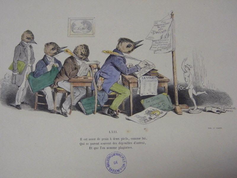 Les métamorphoses du jour (planche 62) : Il est assez de geais à deux pieds, comme lui Qui se parent souvent des dépouilles d'autrui, Et que l'on nomme plagiaires_0