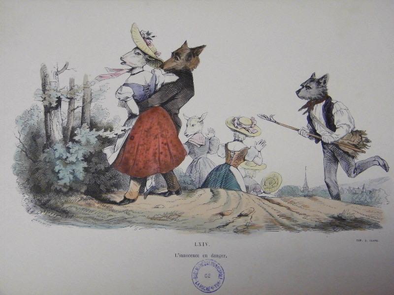 Les métamorphoses du jour (planche 64) : L'innocence en danger, Grandville, 19e siècle