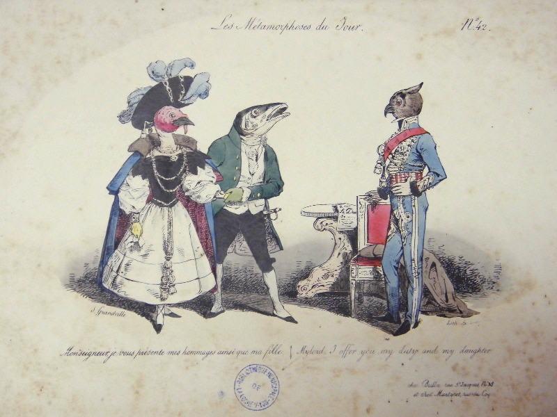Les métamorphoses du jour (planche 42) : Monseigneur, je vous présente mes hommages, Grandville, 19e siècle
