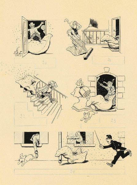 Planche préparatoire illustrée de 5 cases numérotées ; L'oreiller troué, Benjamin Rabier, 4e quart 19e siècle, 1er quart 20e siècle