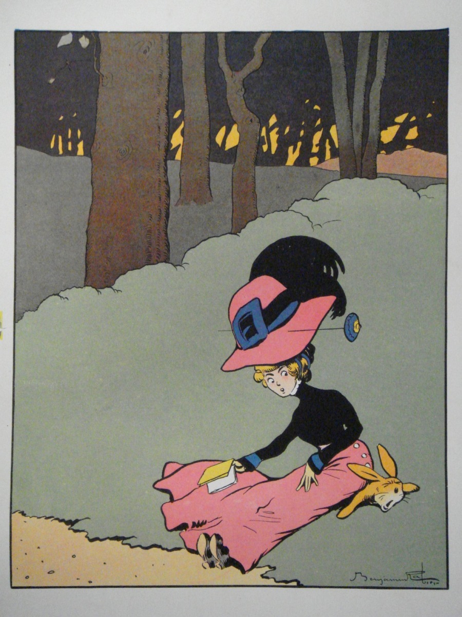 Femme assise sur un lapin, Benjamin Rabier, 4e quart 19e siècle, 1ère moitié 20e siècle