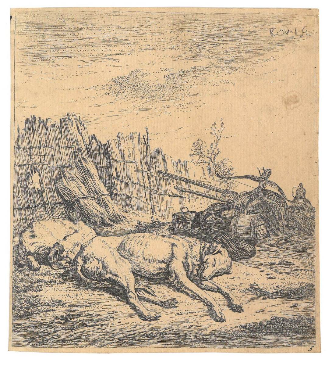 Deux chiens endormis ; Les chiens de chasse, Karel Dujardin, 3e quart 17e siècle