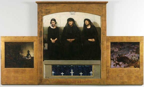 La Pensée aux absents (triptyque) ; Le Souvenir (panneau central) ; La Lettre (panneau gauche) ; Les Trous d'obus (panneau droit), André Devambez, 1927