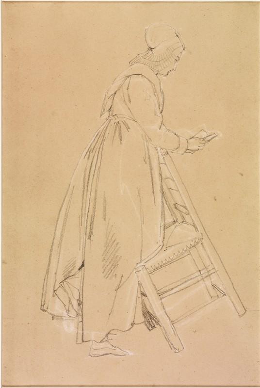 Femme en costume populaire haut normand, de profil droit, lisant un livre, le genou gauche appuyé sur une chaise en équilibre, Louis Nicolas Lemasle, 1828