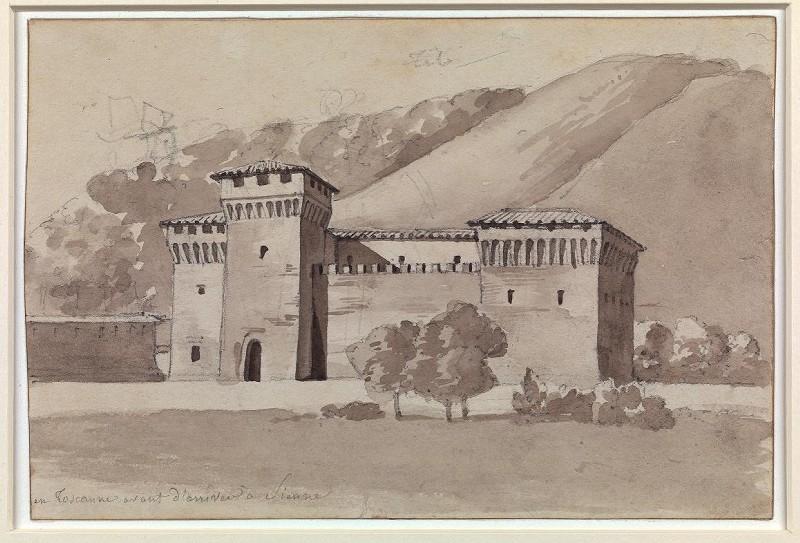 Bâtisse fortifiée dans un paysage montagneux aux environs de Sienne, en Toscane, Louis Nicolas Lemasle, 1812
