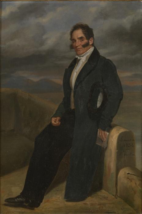 Portrait d'homme devant le parapet de pierre d'un pont, Louis Nicolas Lemasle, 1834