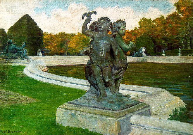 Enfants à la colombe dans le parc de Versailles (titre inscrit), Joseph Félix Bouchor, 4e quart 19e siècle