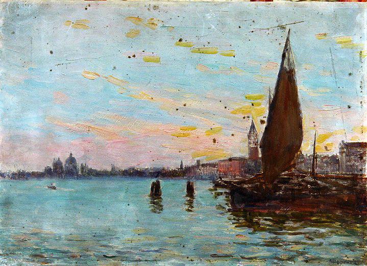 Voile au soleil couchant à Venise (titre inscrit), Joseph Félix Bouchor, 4e quart 19e siècle