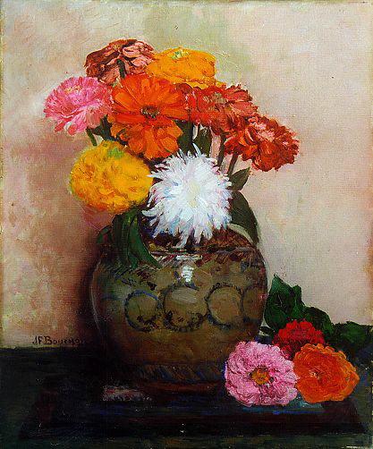 Zinnias au vase de Rhodes (titre inscrit), Joseph Félix Bouchor, 4e quart 19e siècle