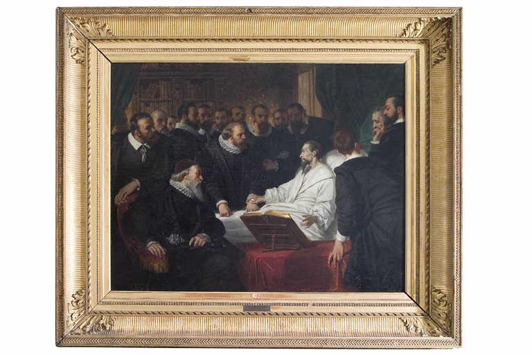 Les adieux de Calvin aux quatre syndics et aux seigneurs de Genève le 27 avril 1564 (Titre attribué au tableau de Joseph Hornung (1829, Bibliothèque publique et universitaire de Genève), source de l'oeuvre de Devéria. ) ; Les adieux de Calvin aux syndics de Genève (Titre attribué à l'étude pour le tableau de Noyon in Cat. exp. Pau 1965 : Eugène Devéria (cat. 130). ) ; La mort de Calvin (Titre familièrement attribué au tableau. ) — Eugène Devéria