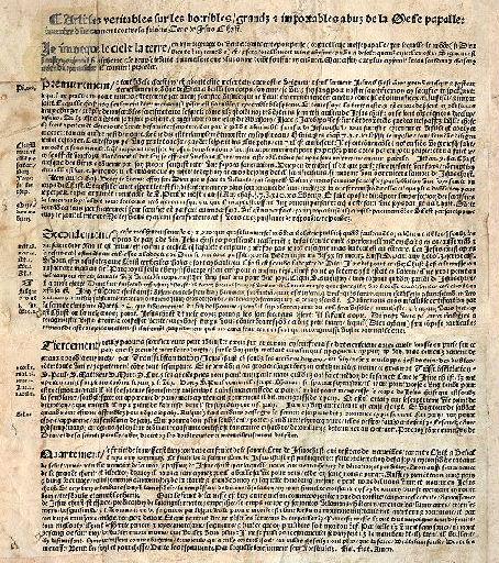 Articles véritables sur les horribles, grands et importables abus de la messe papalle, inventée directement contre la saincte Cène de Jésus-Christ (Titre inscrit) ; Placard contre la messe (Titre habituellement attribué au document)_0