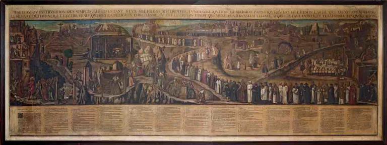 Les deux voies ; Tableau ou instruction des simples, ... (représentant deux religions différentes, une fausse, qui est la religion papistique, où est le chemin large qui mené a perdition ; il se faut détourner ; et l'autre vraie, qui est la religion chrétienne, où est le chemin étroit qui mène à la Ierusalem céleste, auquel il faut entrer, et persévérer jusqu'à la fin.) — Nic Anglois