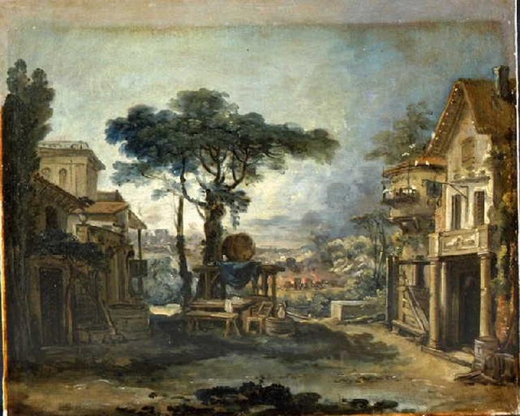 Projet pour un décor de théâtre : la place d'un village_0