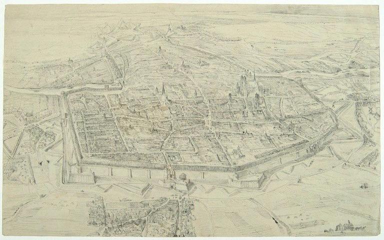 Vue aérienne d'Amiens vers 1700, depuis le sud, (vers 1850) ; Amiens en 1700_0