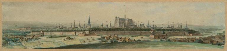 Vue panoramique d'Amiens en 1705 depuis le sud, d'après Jean Gourdain, (vers 1840-1850) ; Amiens : fortifications (1765 Reproduction)_0