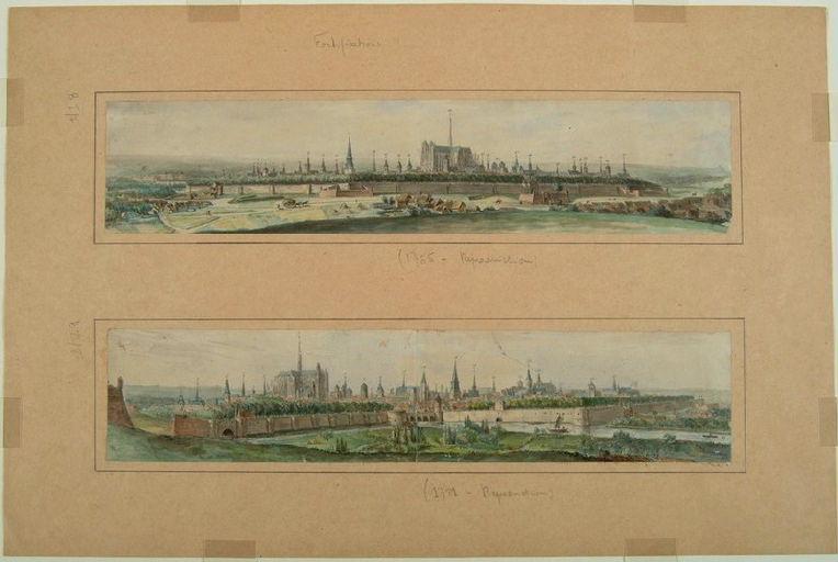 Vue panoramique d'Amiens en 1705 depuis le sud, d'après Jean Gourdain, (vers 1840-1850) ; Amiens : fortifications (1765 Reproduction)_1