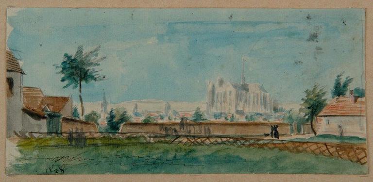 Amiens depuis le faubourg de Noyon, au sud de la ville ; Amiens : vue prise du faubourg de Noyon, 1828_0
