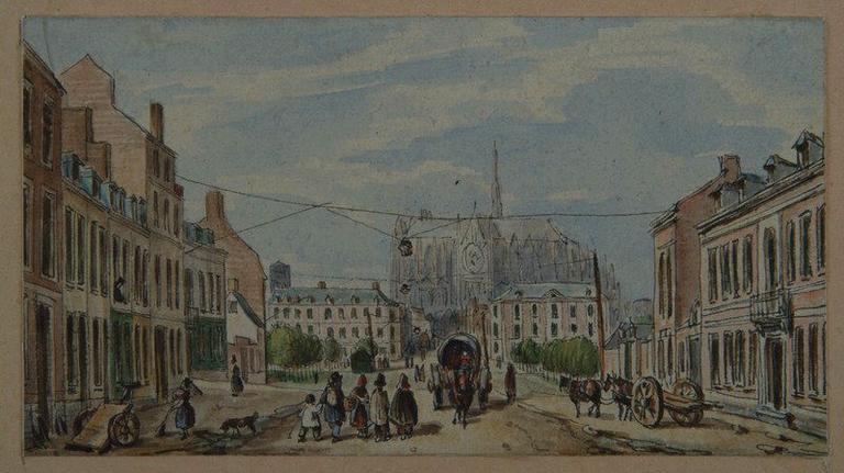 Amiens : la ville et la cathédrale depuis la rue menant à la porte de Paris ; Amiens : porte de Paris_0