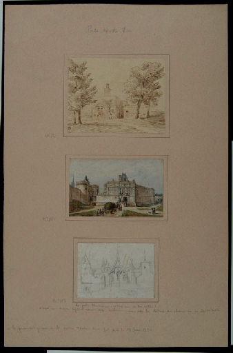 Amiens : restitution dans son état du XVIe siècle de la porte dite Montrescu à la citadelle, (vers 1840) ; Amiens : porte Montre-Ecu_1