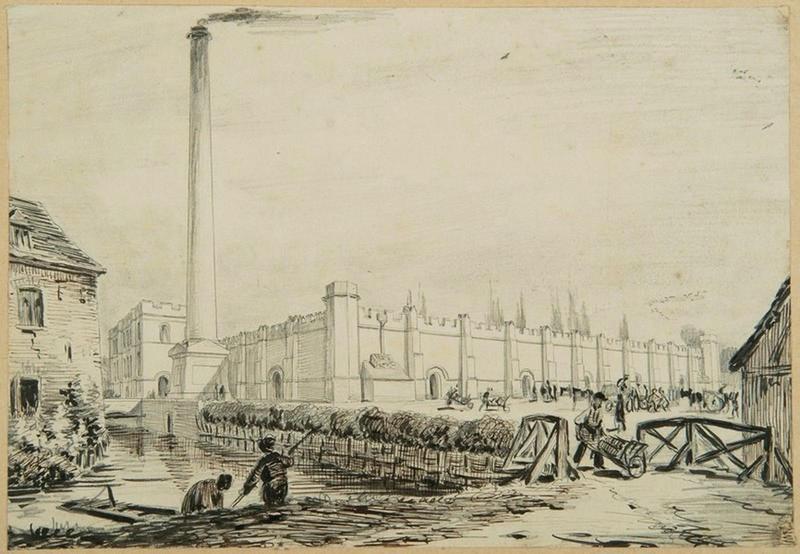 Amiens : la filature de lin dite ' des Anglais ', faubourg de Hem, (vers 1850) ; Amiens : faubourg de Hem. Filature de lin -dite 'des Anglais'- à l'époque de la construction (autre titre)_1