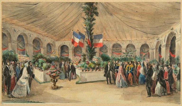 Amiens : visite de l'empereur Napoléon III et de l'impératrice à l'exposition d'horticulture dans la cour du lycée le 29 septembre 1853, (1853) ; Amiens : voyage de l'Empereur Napoléon III et de l'Impératrice, le 29 septembre 1853. Visite de leurs majestés à l'exposition d'horticulture dans la cour du lycée_0
