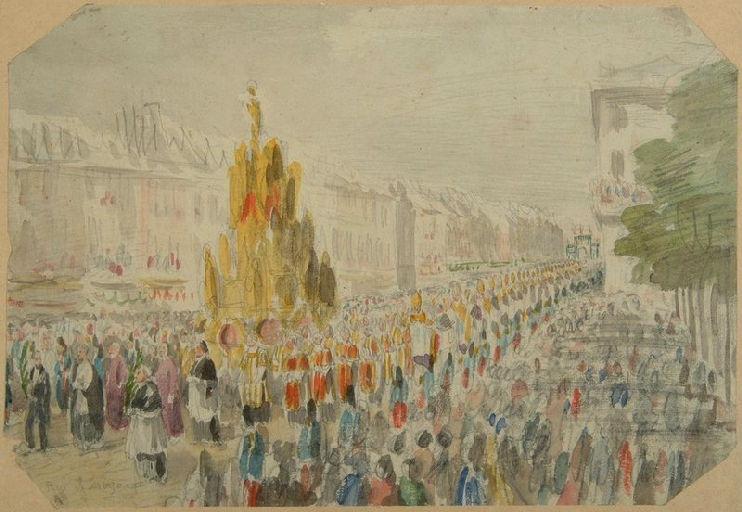 Amiens : la procession passant rue de Noyon à l'occasion de la translation des reliques de sainte Theudosie, le 12 octobre 1853, (1853) ; Amiens : le 12 octobre 1853. Char des Reliques de sainte Theudosie. Rue de Noyon_0