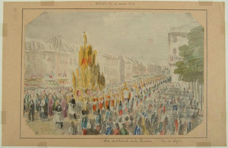 Amiens : la procession passant rue de Noyon à l'occasion de la translation des reliques de sainte Theudosie, le 12 octobre 1853, (1853) ; Amiens : le 12 octobre 1853. Char des Reliques de sainte Theudosie. Rue de Noyon_1