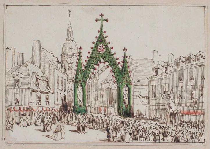 Amiens : cortège passant sous l'arc de triomphe élevé place Saint-Firmin à l'occasion de la translation des reliques de sainte Theudosie, le 12 octobre 1853, (1853) ; Amiens : translation des reliques de sainte Theudosie. Arc de triomphe de la place Saint-Firmin érigé par la paroisse Saint-Germain. De part et d'autre, les statues de saint Firmin et de saint Germain_0