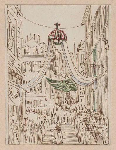 Amiens : cortège passant sous le dais suspendu rue des Chaudronniers et rue Saint-Martin à l'occasion de la translation des reliques de sainte Theudosie, le 12 octobre 1853, (1853) ; Amiens : translation des reliques de sainte Theudosie. Rue des Chaudronniers et Saint-Martin_0