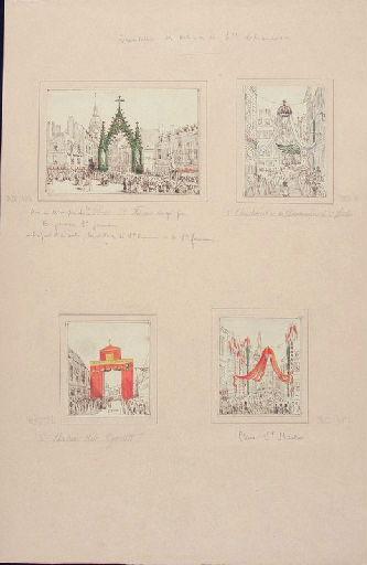 Amiens : cortège passant sous le dais suspendu rue des Chaudronniers et rue Saint-Martin à l'occasion de la translation des reliques de sainte Theudosie, le 12 octobre 1853, (1853) ; Amiens : translation des reliques de sainte Theudosie. Rue des Chaudronniers et Saint-Martin_1