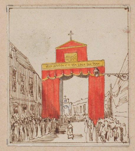 Amiens : cortège passant sous l'arc de triomphe élevé place Saint-Firmin à l'occasion de la translation des reliques de sainte Theudosie, le 12 octobre 1853, (1853) ; Amiens : translation des reliques de sainte Theudosie. Rue Gresset_0
