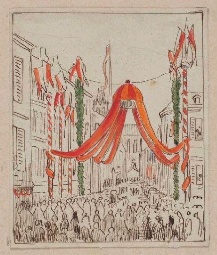 Amiens : cortège passant sous le dais suspendu place Saint-Martin à l'occasion de la translation des reliques de sainte Theudosie, le 12 octobre 1853, (1853) ; Amiens : translation des reliques de sainte Theudosie. Place Saint-Martin_0
