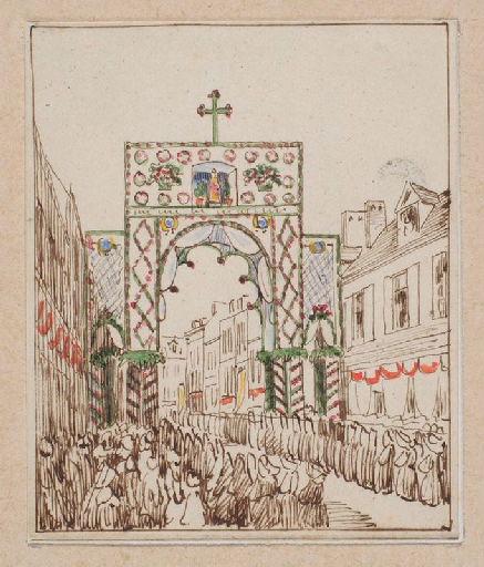 Amiens : cortège passant sous l'arc de triomphe élevé rue Gresset à l'occasion de la translation des reliques de sainte Theudosie, le 12 octobre 1853, (1853) ; Amiens : translation des reliques de sainte Theudosie. Second arc de triomphe de la rue Gresset, situé à l'extrémité de cette rue, près de la fontaine Saint-Jacques_0