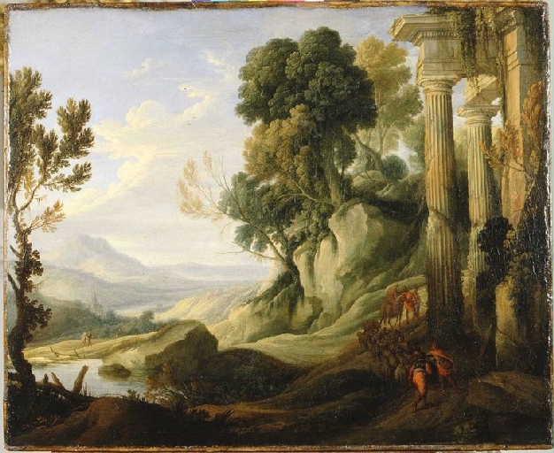Paysage montagneux avec des ruines et des bergers montant un chemin avec leur troupeau, Pierre Patel, 1635