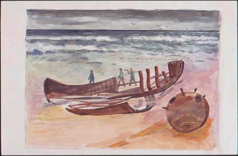 Plage avec une carcasse de bateau, une mine flottante échouée et trois prisonniers (titre factice)_0